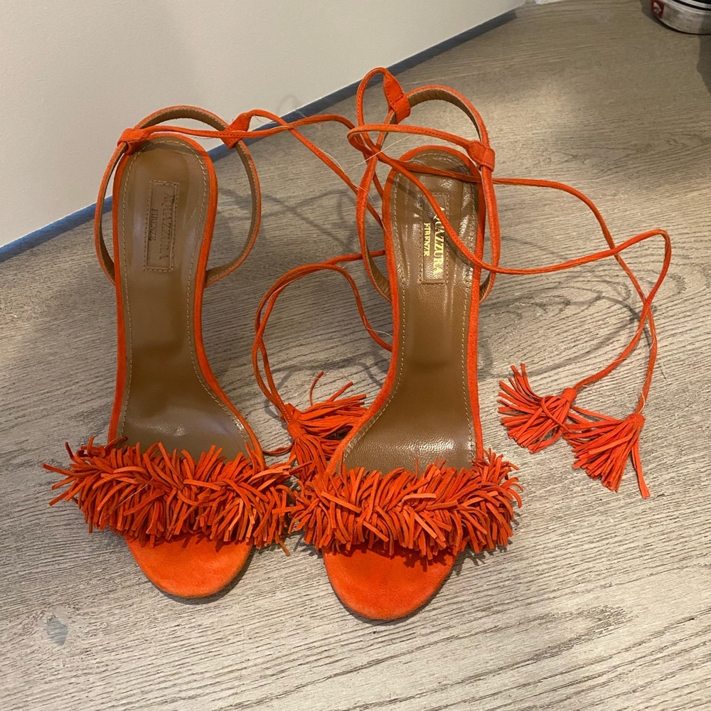Aquazzura Orange Fringe Tie-Ankle Heels